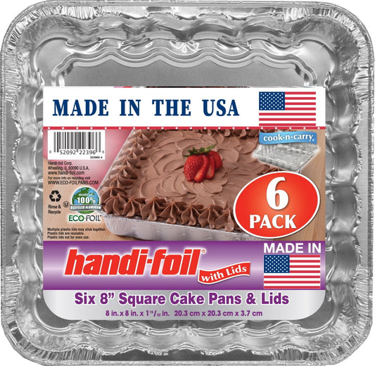 Handi-Foil Aluminum 8-inch Square Cake Pan with Lid 6ct, Dimensions 8" W x 8" L x 1.4" D