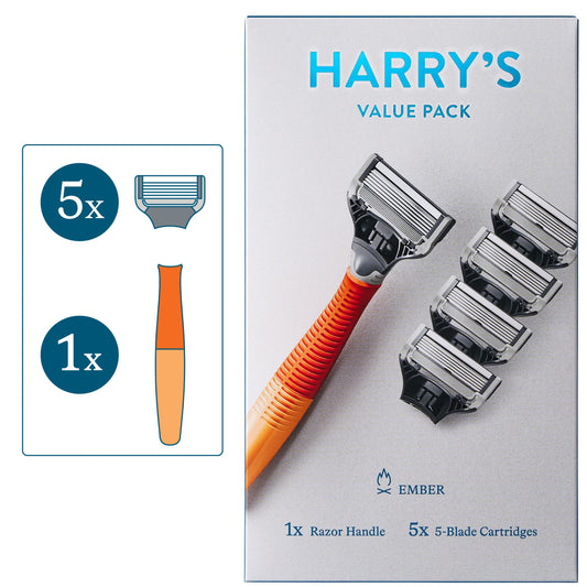 Harry's Men's Razor Value Pack: 1 Ember Orange Razor Handle + 5 Razor Blade Cartridges