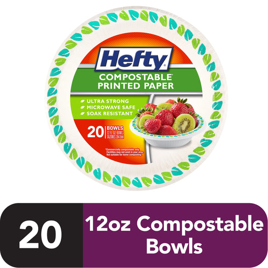 Hefty Compostable Printed Paper Bowls, 12 Ounce Capacity, 20 Count
