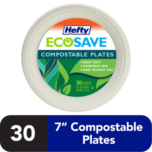 Hefty ECOSAVE Compostable Paper Plates, 6-3/4 inch, 30 Count