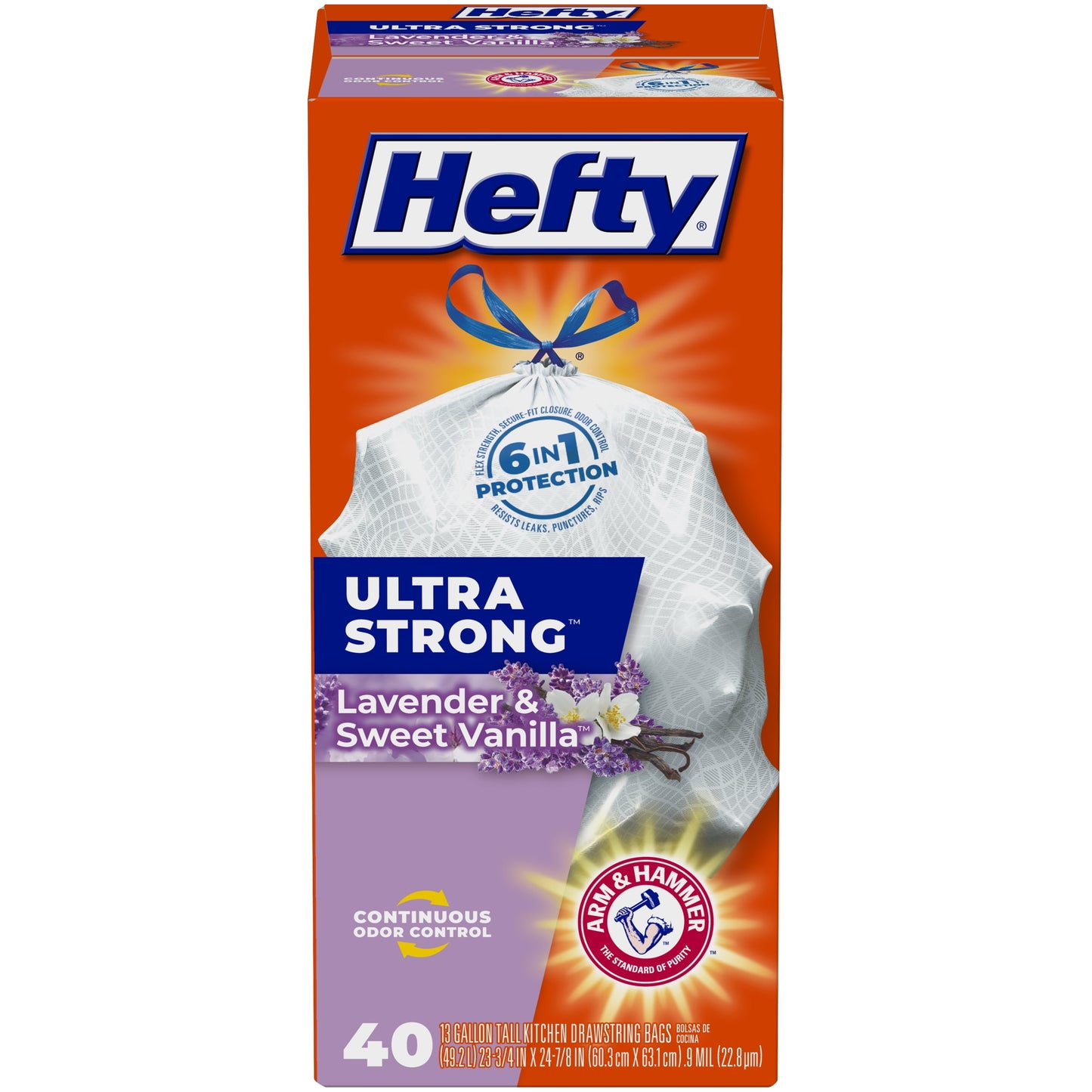 Hefty Ultra Strong Tall Kitchen Trash Bags, Lavender & Sweet Vanilla Scent, 13 Gallon, 40 Count