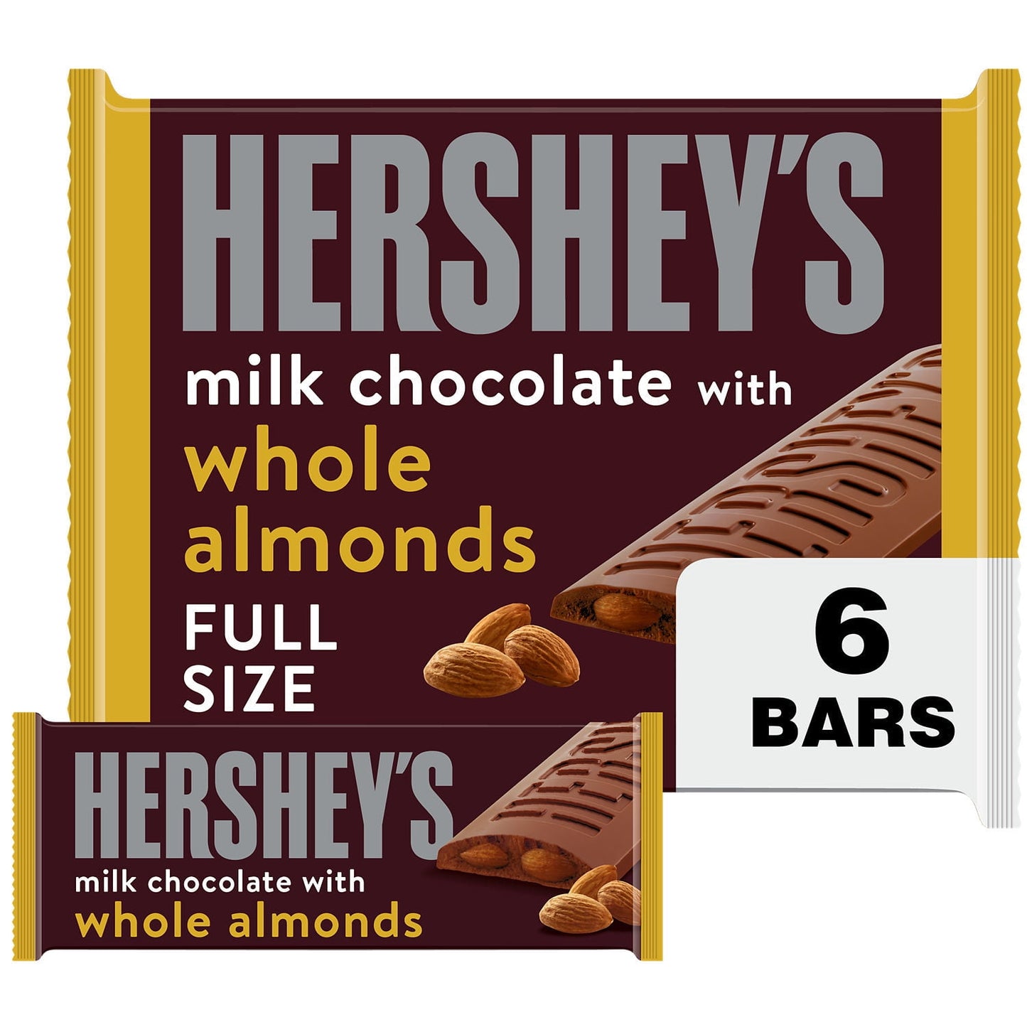 Hershey's Milk Chocolate with Whole Almonds Candy, Bars 1.45 oz, 6 Count