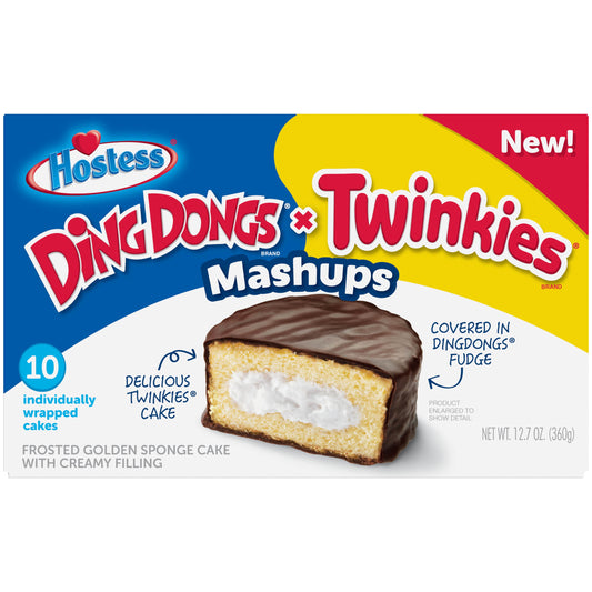 Hostess Ding Dong Twinkie Mash-Up 12.7oz 10 count.  Frosted Golden Sponge Cake with Creamy Filling