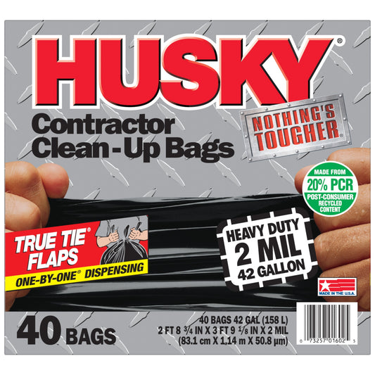 Husky Heavy Duty Contractor Black Bags, 42 Gallon, 40 Bags, 2 Mil (20% PCR)