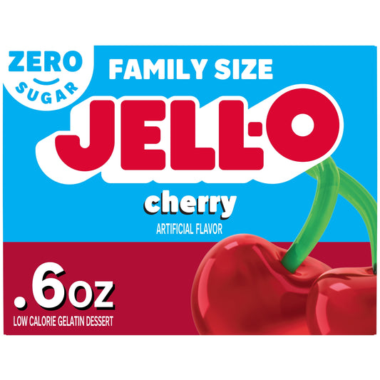 Jell-O Cherry Artificially Flavored Zero Sugar Low Calorie Gelatin Dessert Mix, Family Size, 0.6 oz Box
