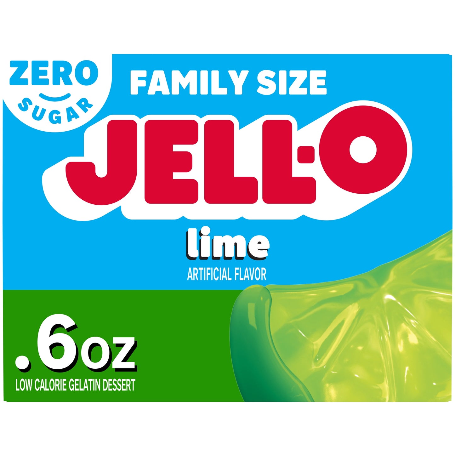 Jell-O Lime Artificially Flavored Zero Sugar Low Calorie Gelatin Dessert Mix, Family Size, 0.6 oz Box