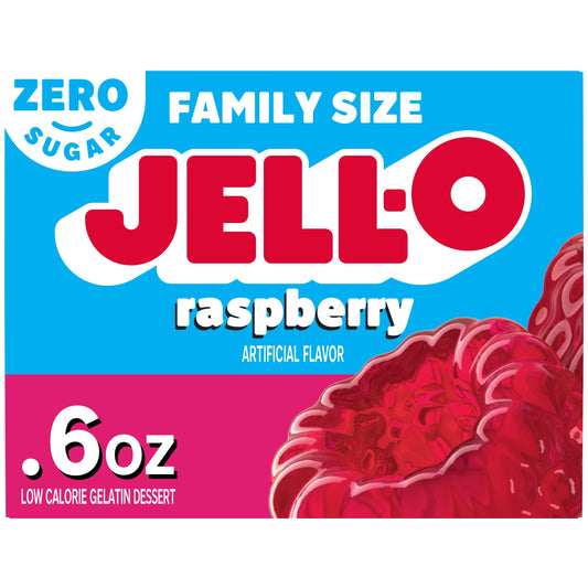 Jell-O Raspberry Artificially Flavored Zero Sugar Gelatin Dessert Mix, Family Size, 0.6 oz Box