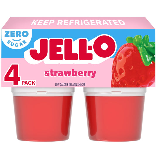 Jell-O Strawberry Sugar Free Jello Cups Gelatin Snack, 4 Ct Cups
