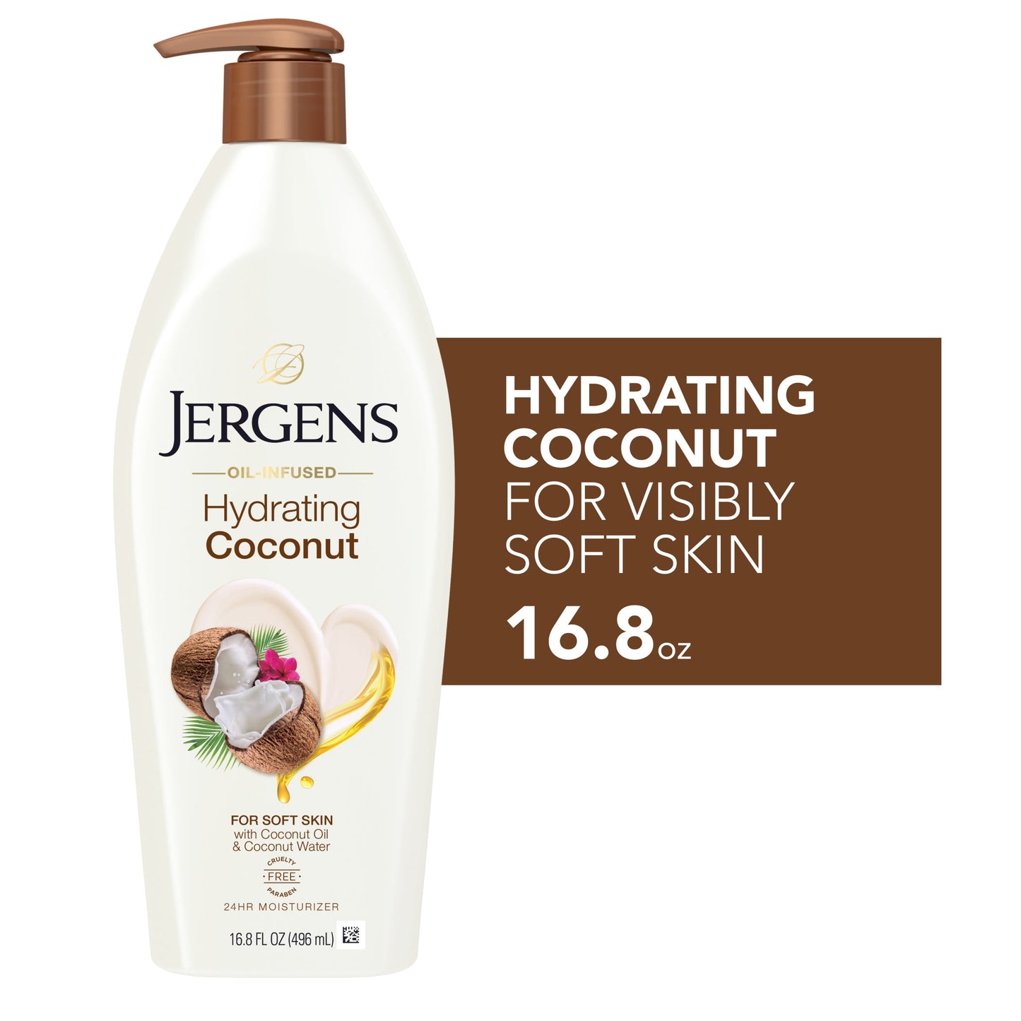 Jergens Hand and Body Lotion, Oil-Infused Coconut Moisturizer, Dermatologist Tested, 24hr Hydration, 16.8 oz