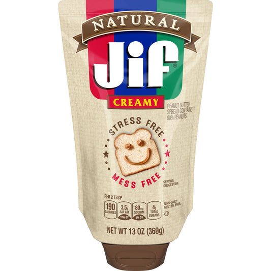 Jif Natural Squeeze Creamy Peanut Butter Spread, 13 oz.  Smooth, Creamy Texture, Portable Peanut Butter Spread Pouch