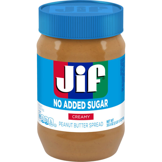 Jif No Added Sugar Creamy Peanut Butter Spread, 33.5 oz. - Smooth, Creamy Texture, No Stir Peanut Butter Spread