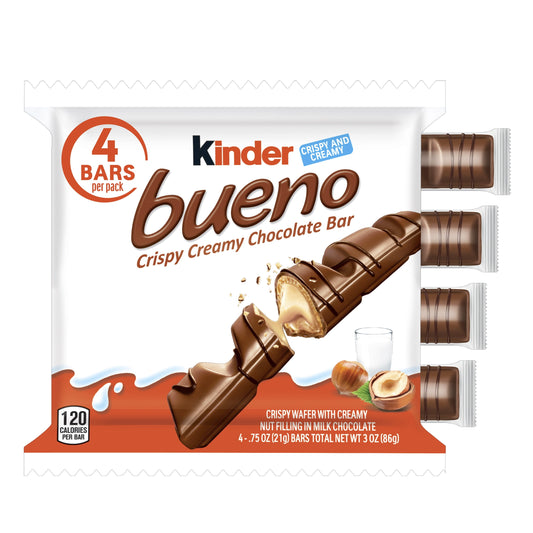 Kinder Bueno, Milk Chocolate and Hazelnut Cream Bars, Valentine's Day Gift, 4 Bars