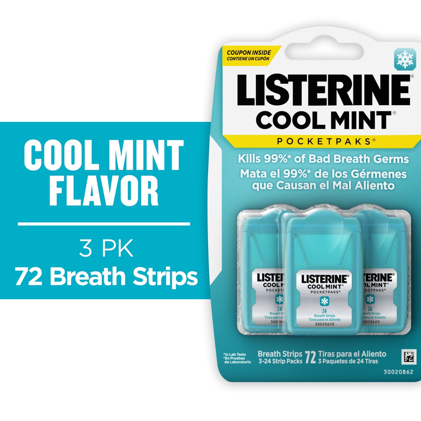 Listerine Cool Mint PocketPaks Oral Care Breath Strips, Breath Spray Alternative, 24Ct, 3 pack