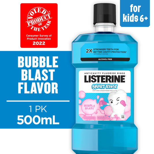 Listerine Smart Rinse Kids Anticavity Alcohol Free Mouthwash, Bubble Blast, 500 mL