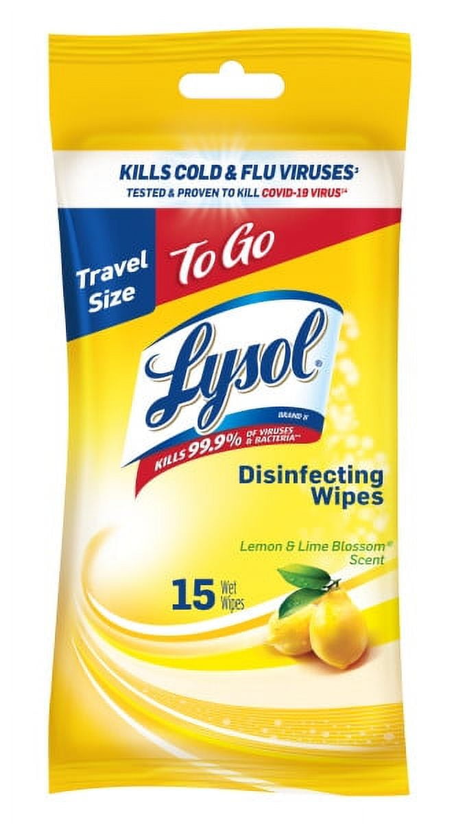 Lysol To Go Disinfectant Wipes, Travel Size Multi-Surface Antibacterial Cleaning Wipes, For On the Go Disinfecting and Cleaning, Lemon and Lime Blossom, 15ct Count