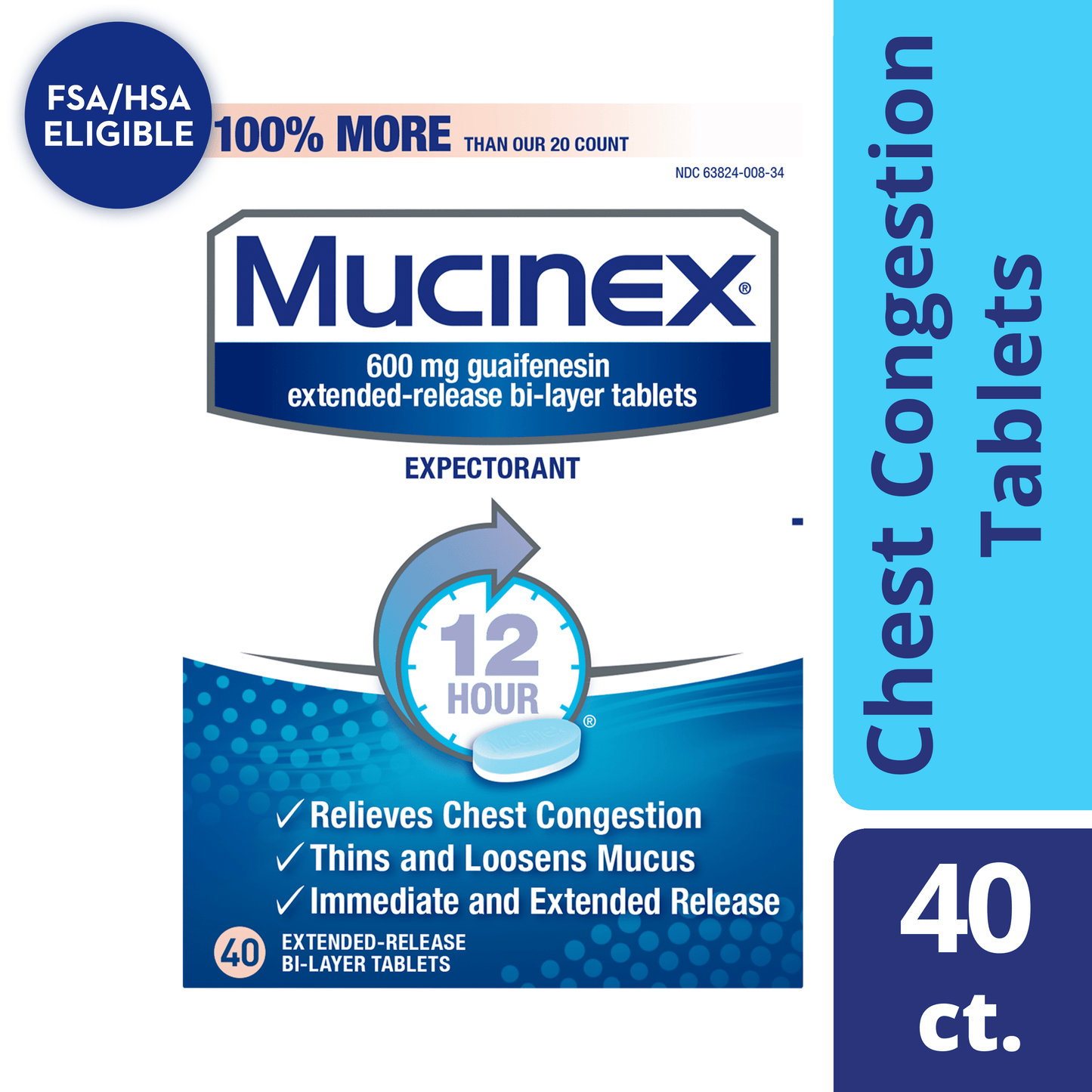 Mucinex 12 Hour Relief, Chest Congestion & Excess Mucus Relief, 20 Caplets