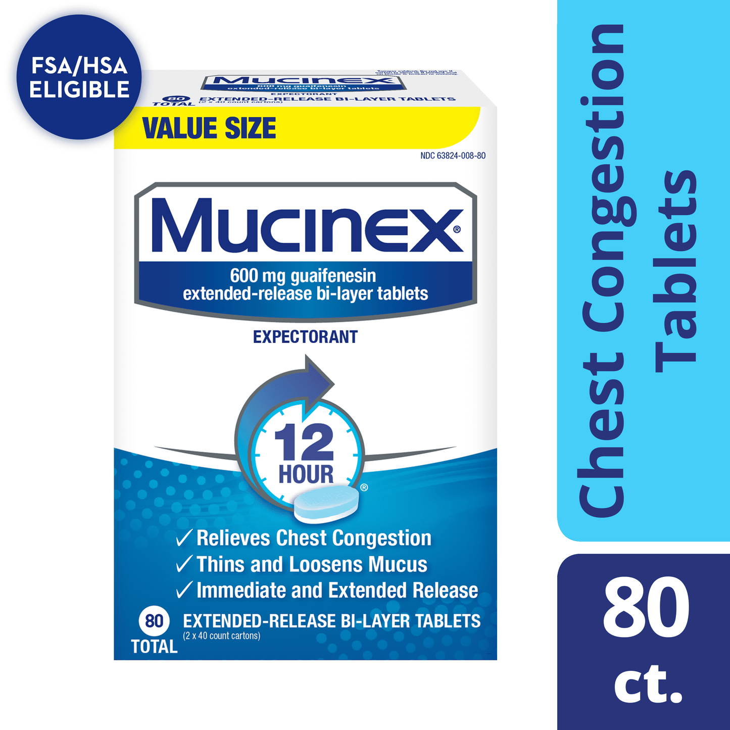 Mucinex 12 Hour Relief, Chest Congestion and Cough Medicine, 80 Tablets