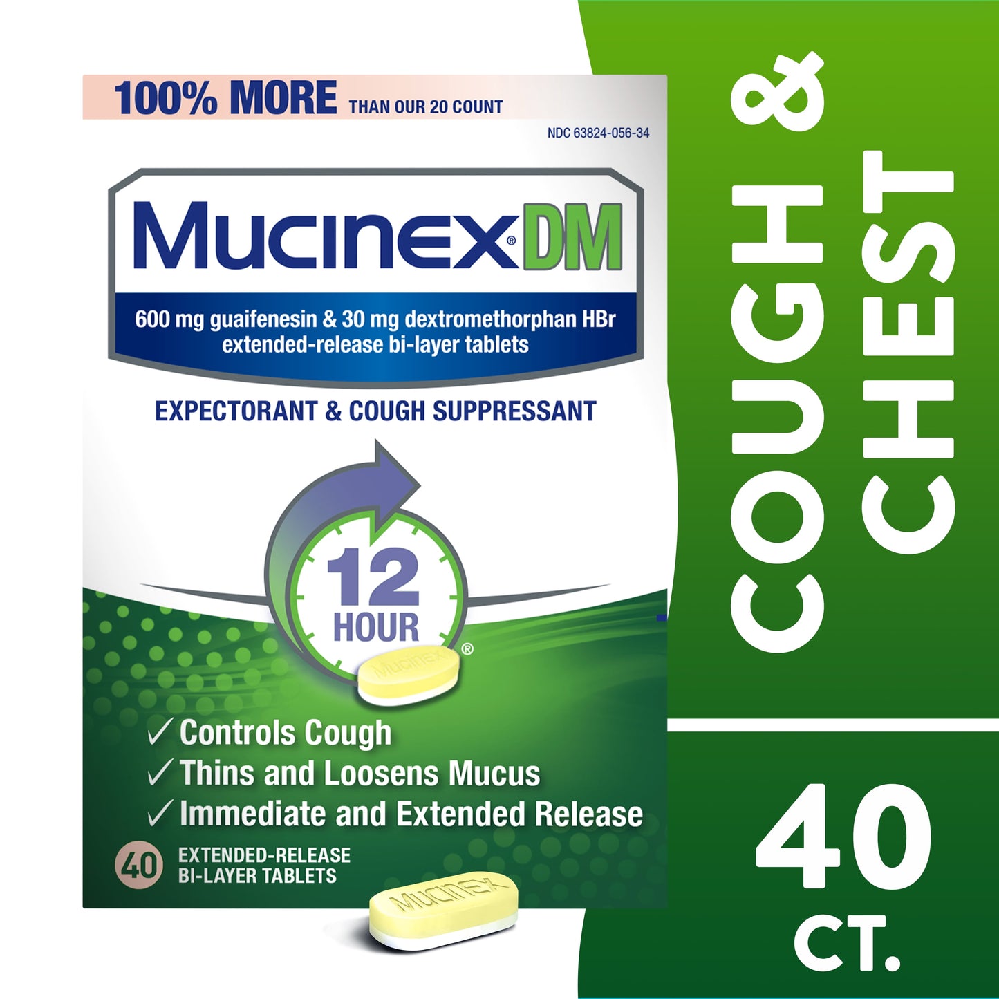 Mucinex 12 Hour Relief, DM Chest Congestion and Cough Medicine, 40 Tablets