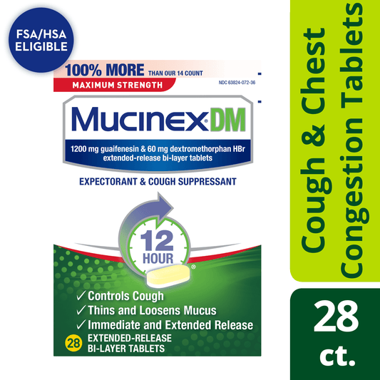 Mucinex 12 Hour Relief, DM Maximum Strength Cough Medicine, 28 Tablets