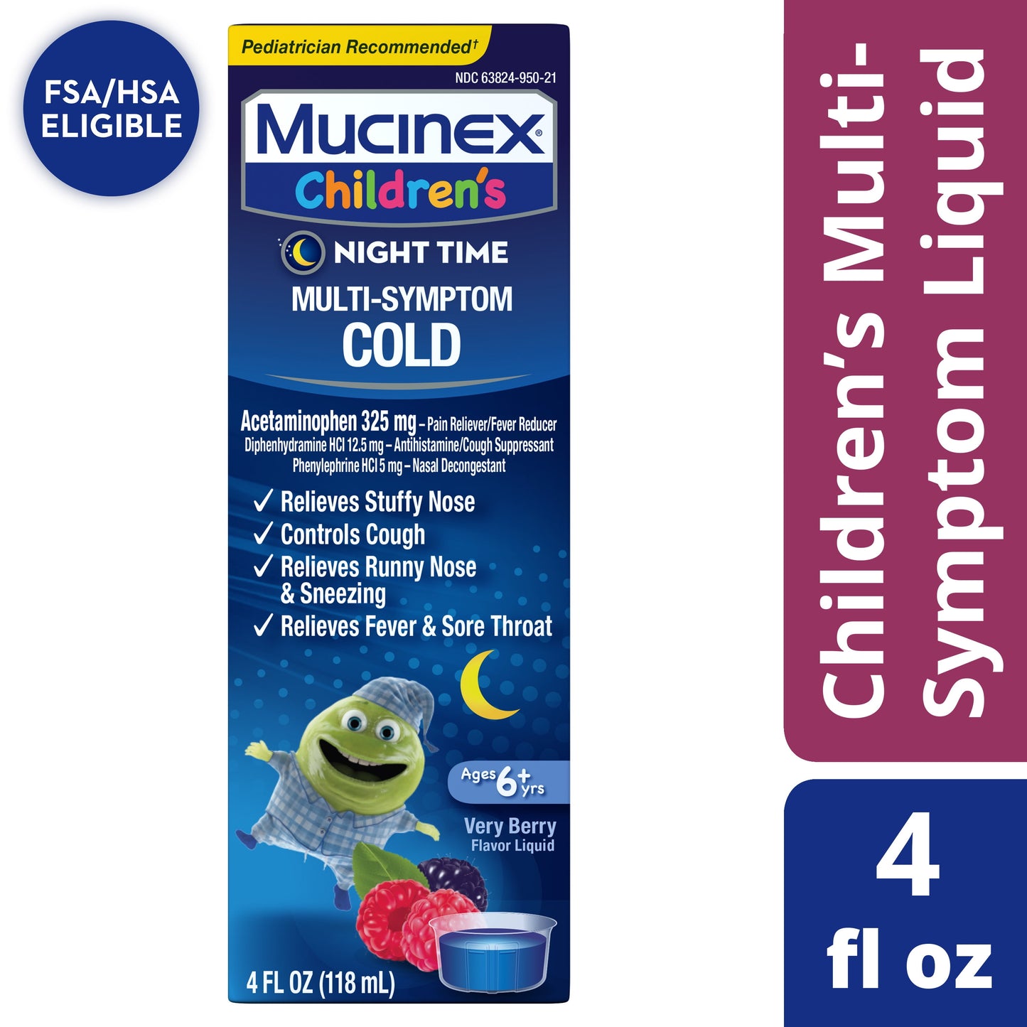 Mucinex Children's Night Time Cold Medicine, Multi-Symptom Relief, Mixed Berry, 4 fl oz