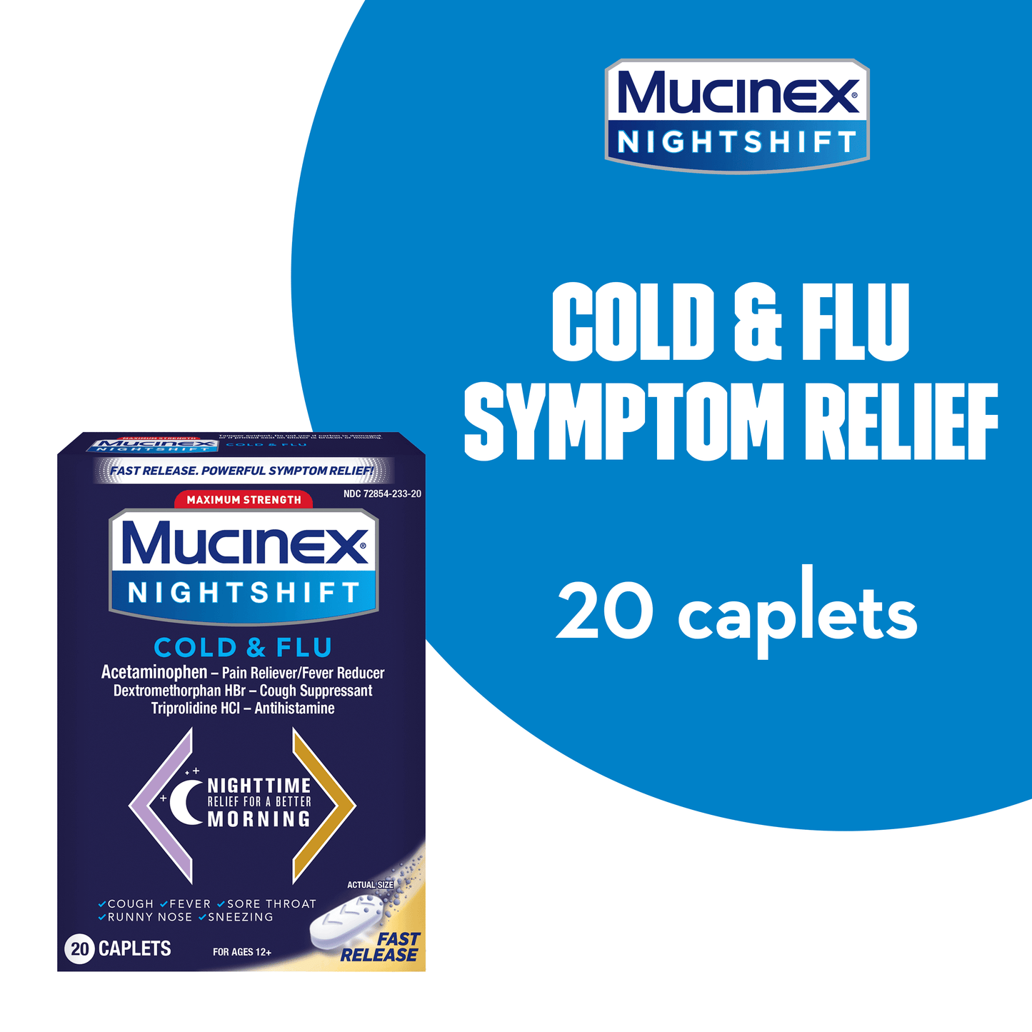 Mucinex Nightshift, Cold and Flu Medicine, Nighttime, 20 Caplets