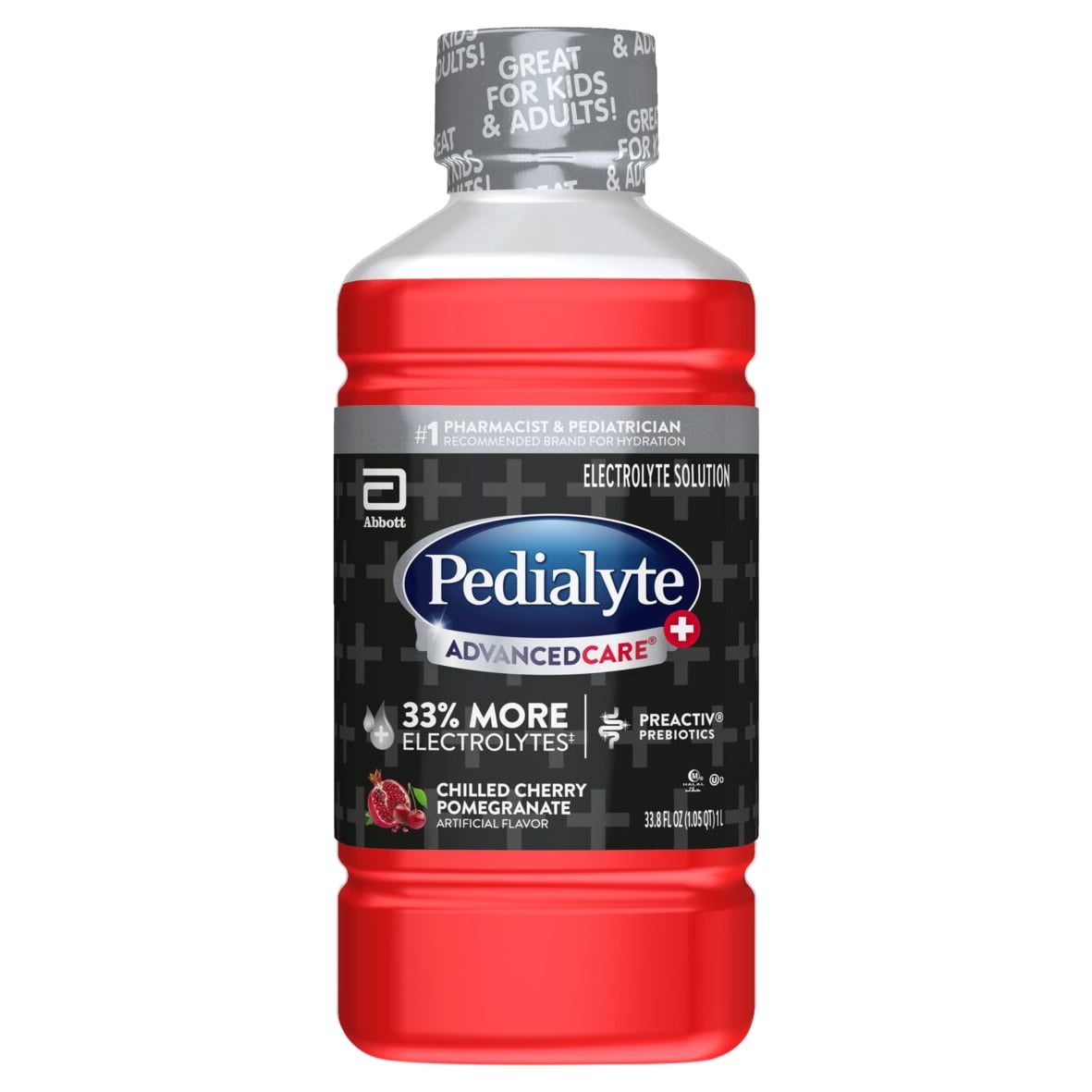 Pedialyte AdvancedCare Plus Electrolyte Drink, 1 Liter, with 33% More Electrolytes and has PreActiv Prebiotics, Chilled Cherry Pomegranate