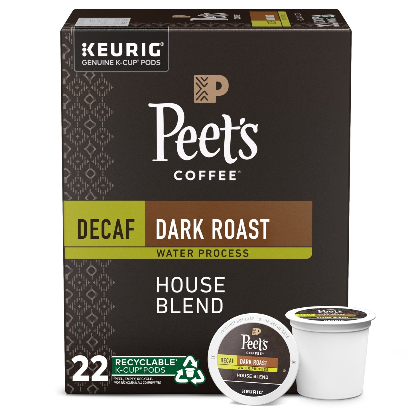 Peet's Coffee Decaf House Blend K-Cup Coffee Pods, Premium Dark Roast, 22 Count, Single Serve Capsules Compatible with Keurig