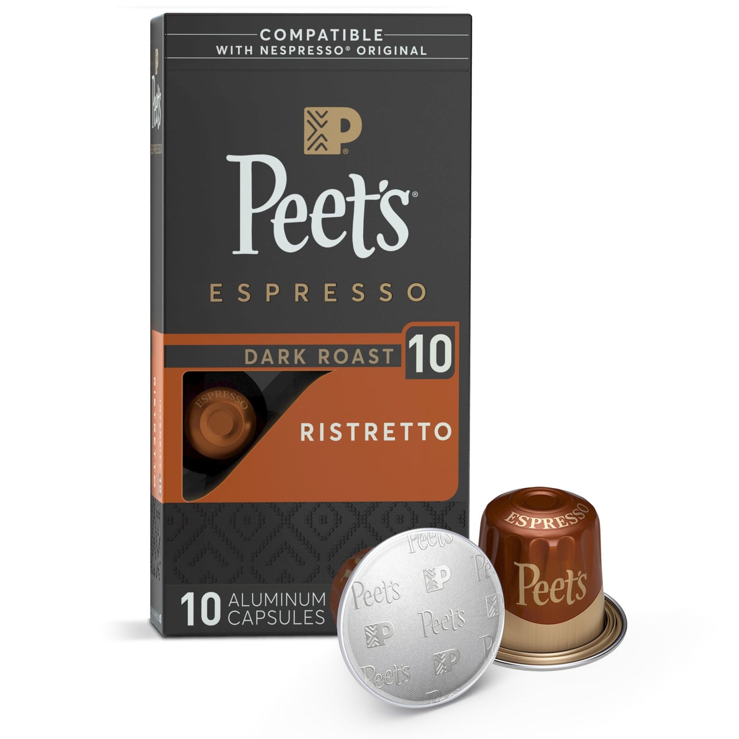 Peet's Coffee Ristretto Espresso Capsules, Premium Dark Roast Intensity 10, 10 Count, Single Serve Capsules Compatible with Nespresso Original