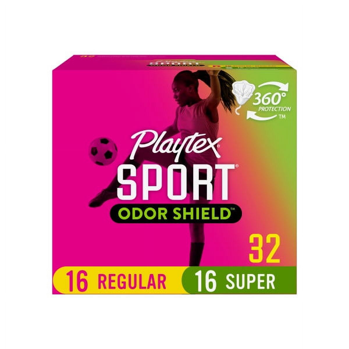 Playtex Sport Odor Shield Multi-Pack Regular And Super Plastic Applicator Tampons, 32 Ct, 360 Degree Sport Level Period Protection, Traps Leaks, No-Slip Grip Applicator, Moves With You