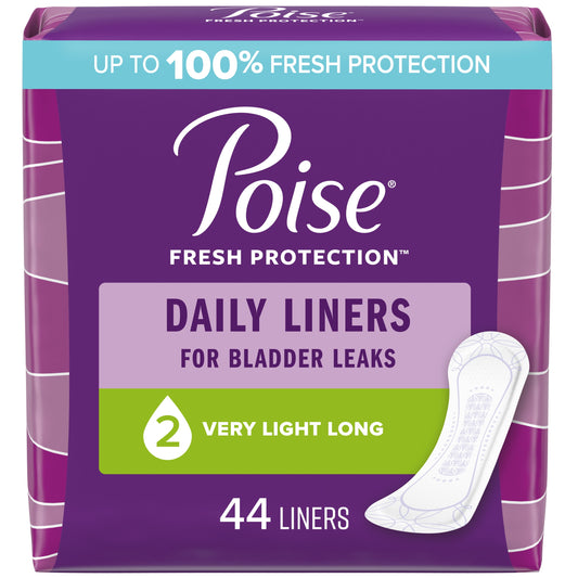 Poise Daily Incontinence Panty Liners, 2 Drop, Very Light Absorbency, Long, 44Ct