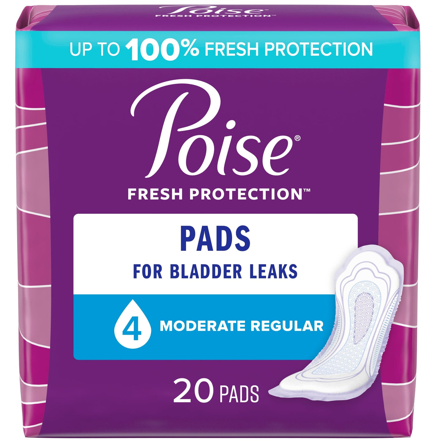 Poise Incontinence Pads for Women, 4 Drop, Moderate Absorbency, Regular, 20Ct