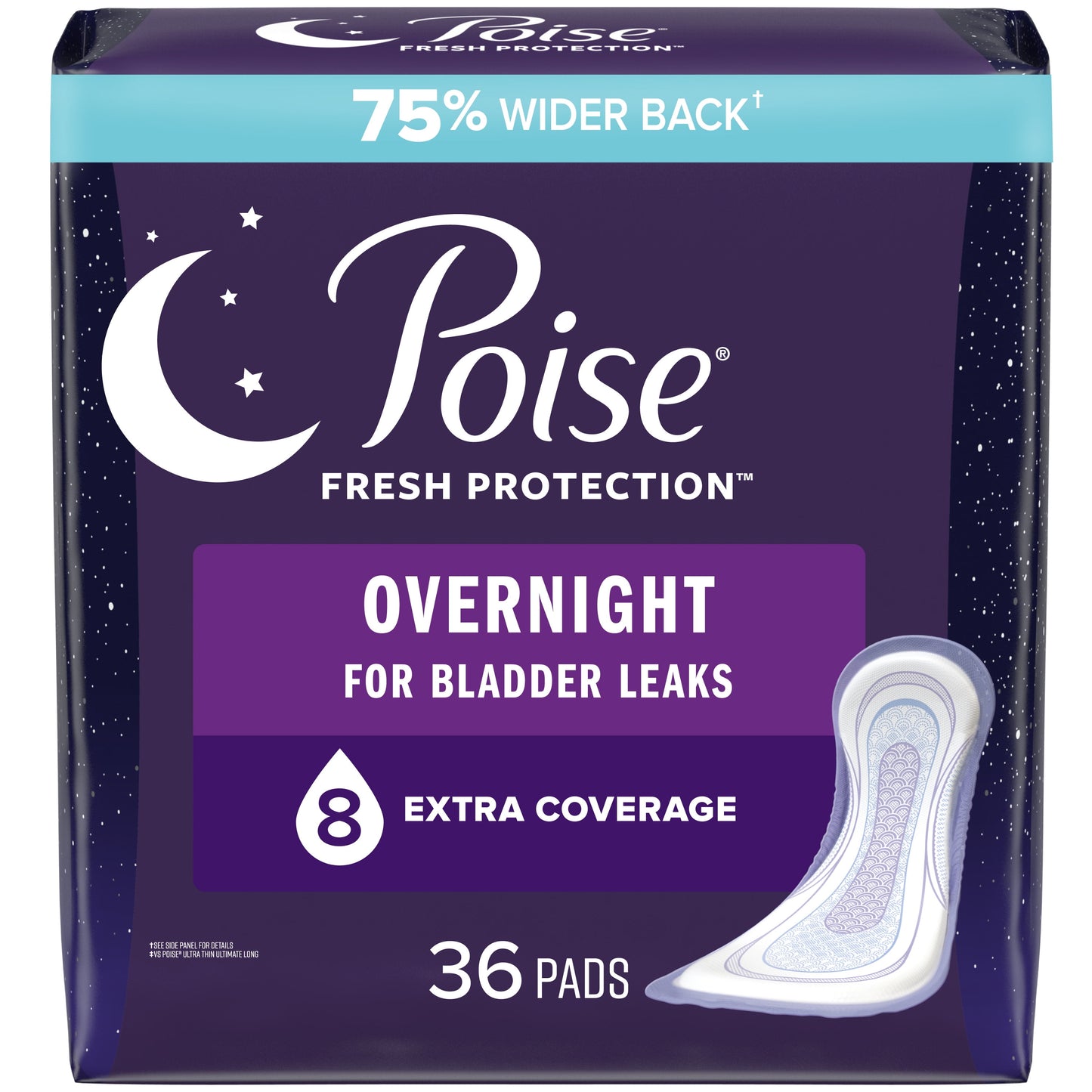 Poise Incontinence Pads for Women, 8 Drop, Overnight Absorbency, Extra-Coverage, 36Ct