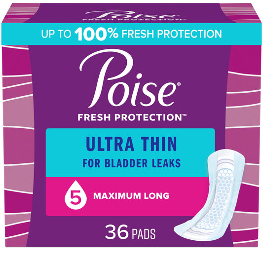Poise Ultra Thin Incontinence Pads for Women, 5 Drop, Maximum Absorbency, Long, 36Ct