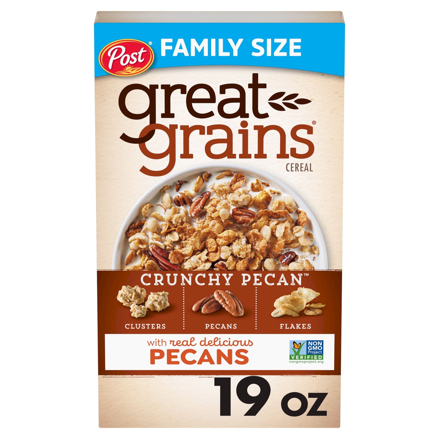 Post Great Grains Crunchy Pecan Breakfast Cereal, Non GMO Project Verified, Heart Healthy, Low Saturated Fat,  Whole Grain Cereal, 19 Ounce