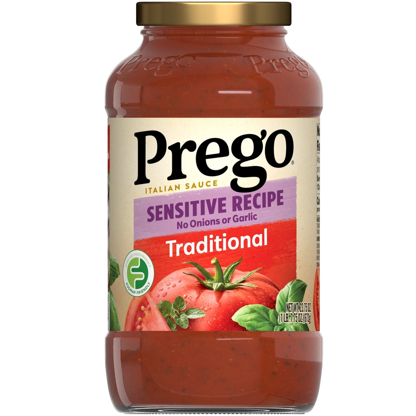 Prego Sensitive Recipe Low FODMAP Traditional Spaghetti Sauce, 23.75 oz Jar