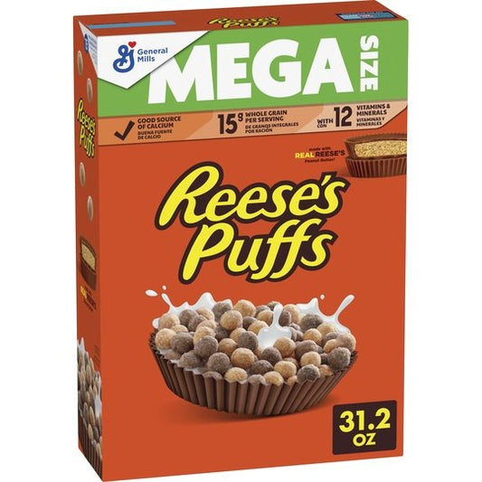 REESE'S PUFFS Chocolatey Peanut Butter Cereal Brand, Mega Size, 31.2 oz