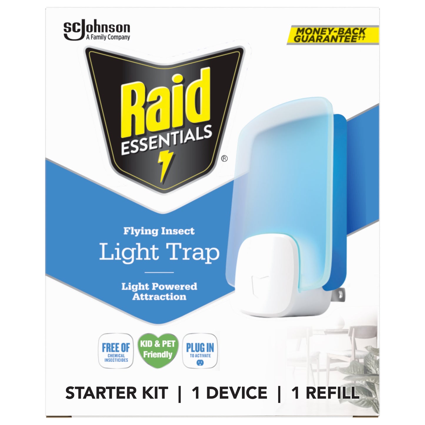 Raid Essentials Flying Insect Light Trap Starter Kit, Electric Flying Insect Trap & Refill