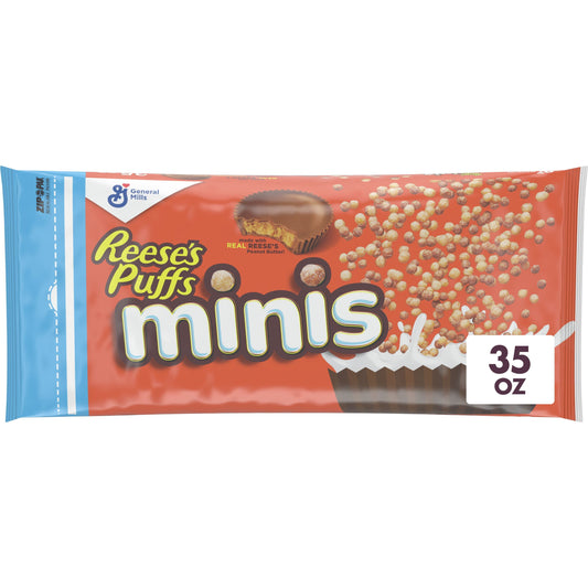 Reese's Puffs Minis Breakfast, Chocolate Peanut Butter Cereal, Family Size, 35 oz Bag Cereal