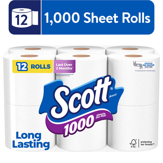 Scott 1000 Toilet Paper, 12 Rolls, 1,000 Sheets Per Roll (12,000 Total)