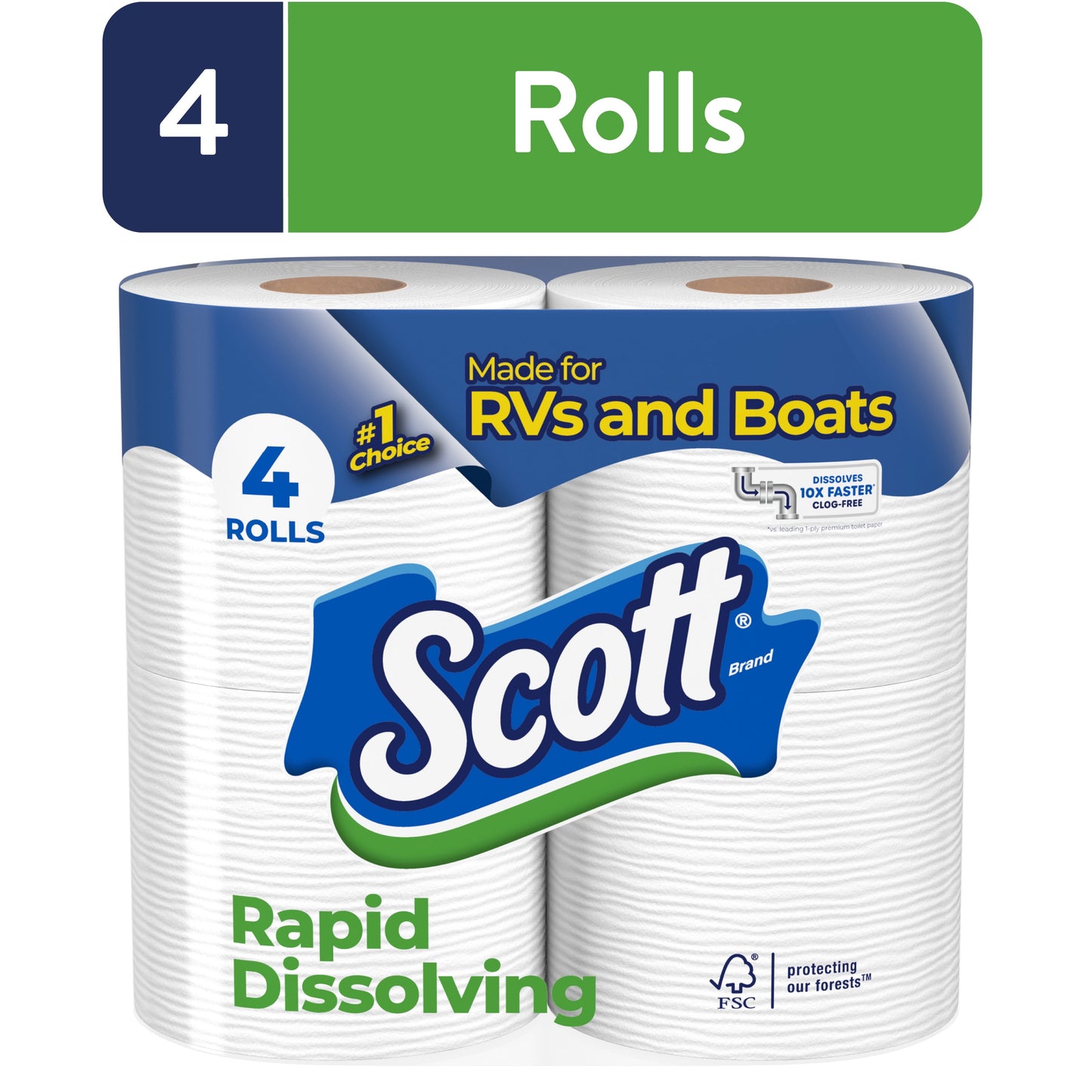 Scott Rapid-Dissolving Toilet Paper for RVs & Boats, 4 Double Rolls, 231 Sheets Per Roll (924 Total)