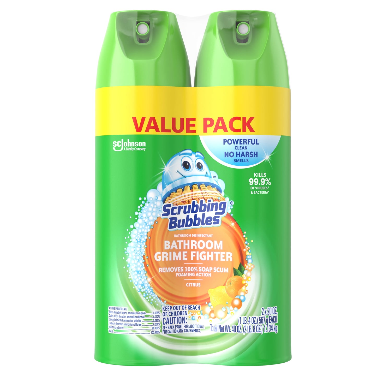 Scrubbing Bubbles Bathroom Grime Fighter Aerosol, Disinfectant Spray; Effective Tile, Bathtub, Shower and Overall Bathroom Cleaner (1 Aerosol Spray), Citrus, 20 Oz (Pack of 2)