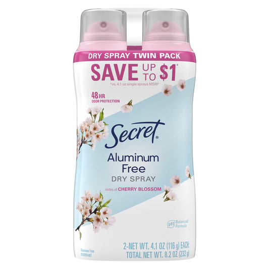 Secret Dry Spray Aluminum Free Deodorant for Women, Cherry Blossom, 4.1oz, Pack of 2