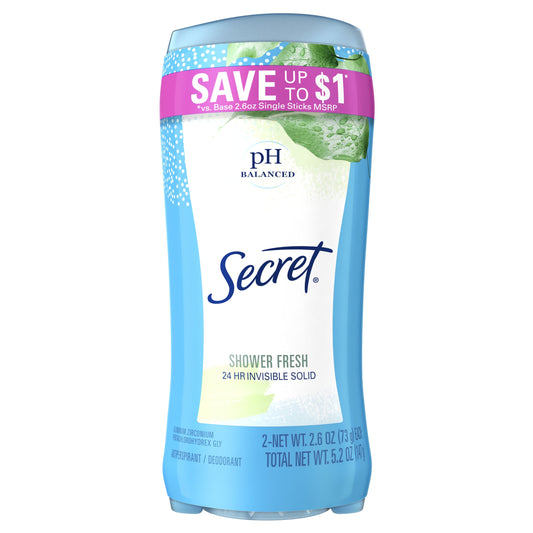 Secret Invisible Solid Antiperspirant and Deodorant for Women, Shower Fresh, Twin Pack, 2.6 oz Each