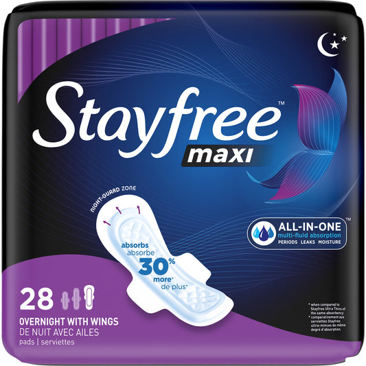 Stayfree Maxi, Overnight Pads with Wings, Unscented, 28 Ct