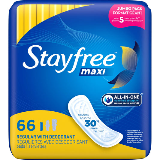 Stayfree Maxi Pads Wingless, Scented, Regular, 66 Ct