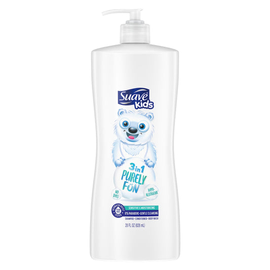 Suave Kids 3-in-1 Shampoo Conditioner Body Wash, Purely Fun, 28 oz Single