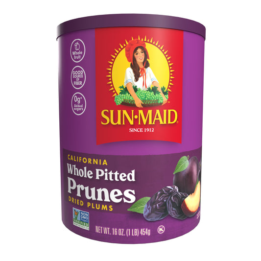 Sun-Maid California Sun-Dried Fruit Whole Pitted Prunes, Dried Plums, 16 oz Canister