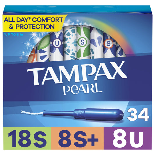 Tampax Pearl Tampons Trio Multipack with LeakGuard Braid, Super/Super Plus/Ultra Absorbency, 34 Ct