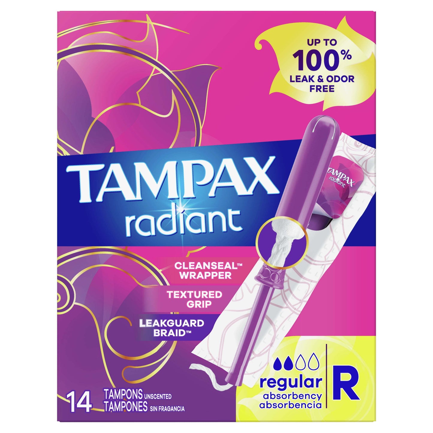 Tampax Radiant Tampons with LeakGuard Braid, Regular Absorbency, 14 Count