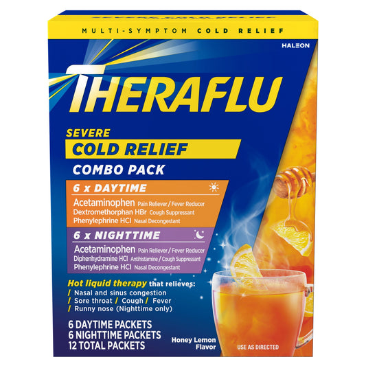 Theraflu Severe Cough Cold and Flu Day and Nighttime Relief Medicine Powder, Green Tea and Honey Lemon Flavors, 12 Count